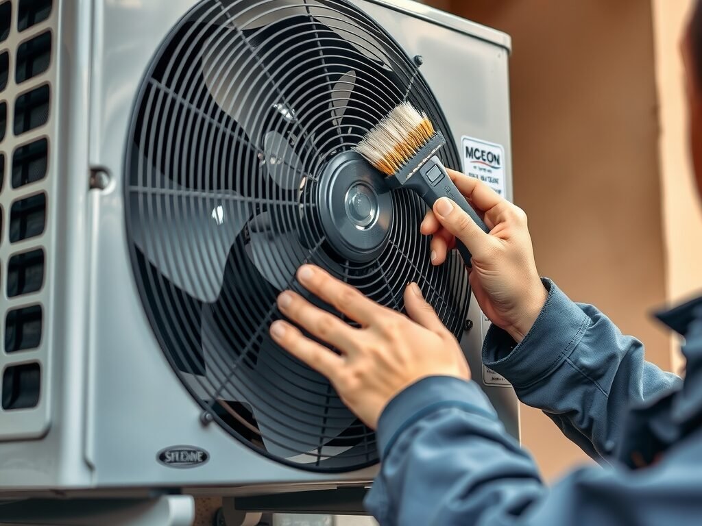 Unidade externa de ar-condicionado sendo limpa por técnico