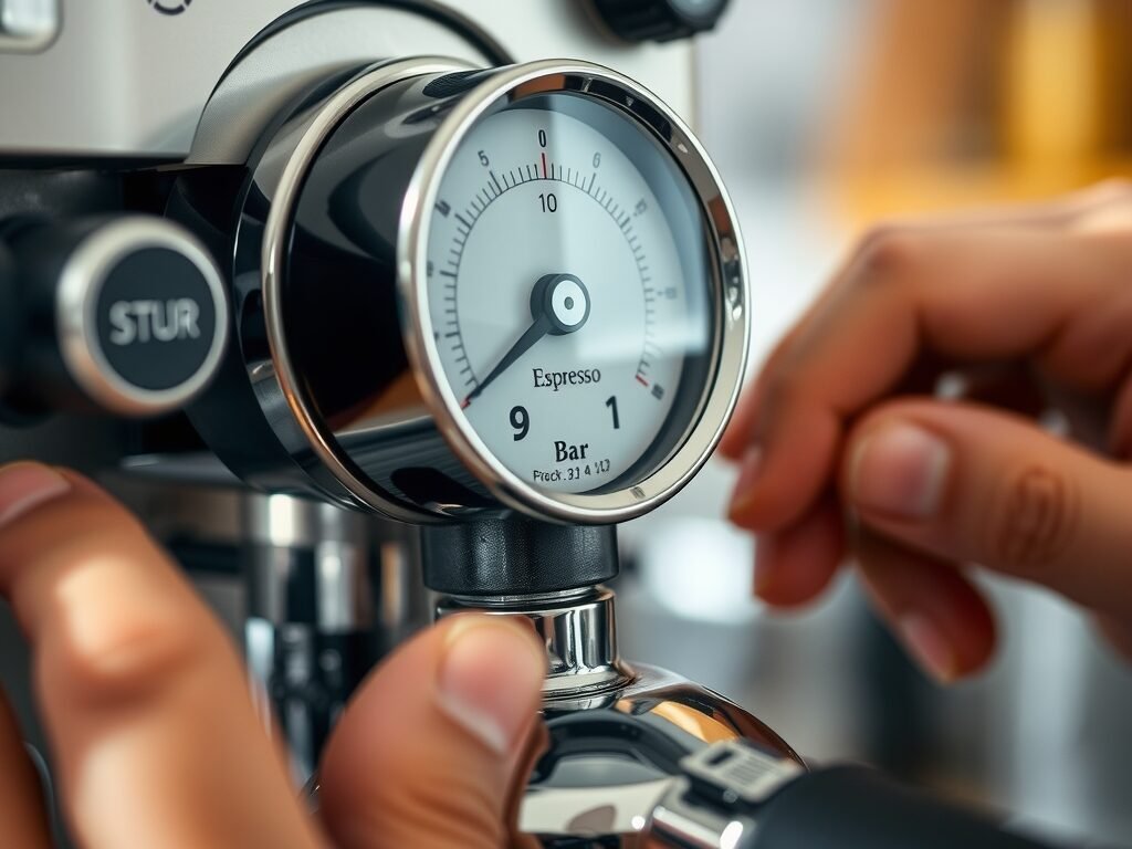 Mostrador de pressão da cafeteira indicando 9 bar