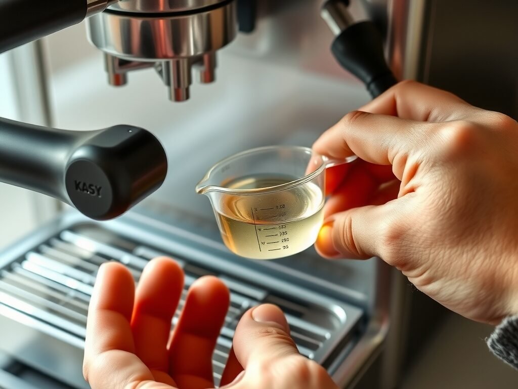 Mão segurando copo de medida com solução descalcificante ao lado da cafeteira expresso
