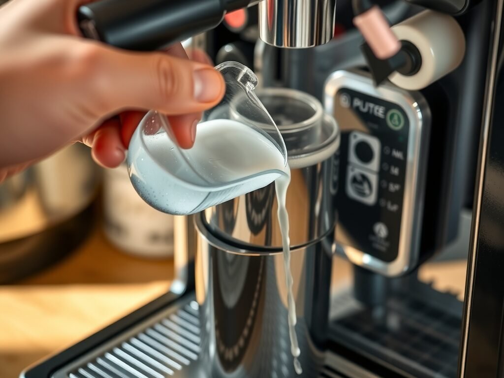 Despejando solução descalcificante no reservatório da cafeteira