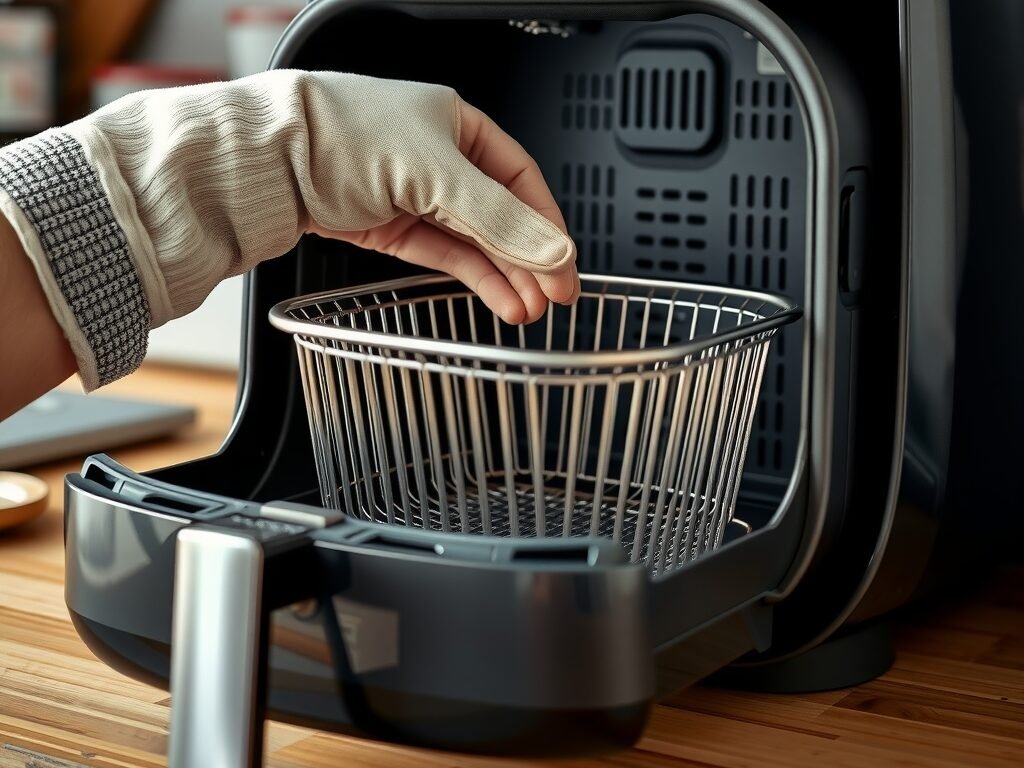 Mão com luva puxando cesta levemente empenada de air fryer