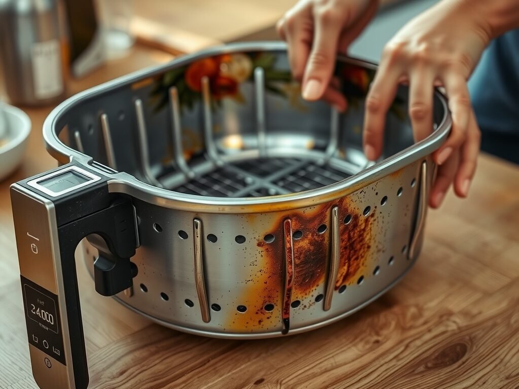 Cesta de air fryer com torção e manchas de queimadura