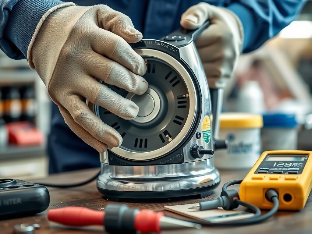 Técnico avaliando a chaleira elétrica