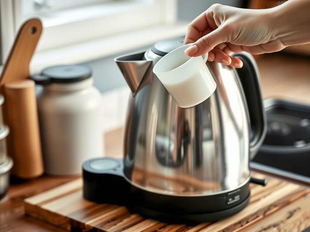 Chaleira elétrica sendo preenchida com água em bancada de cozinha