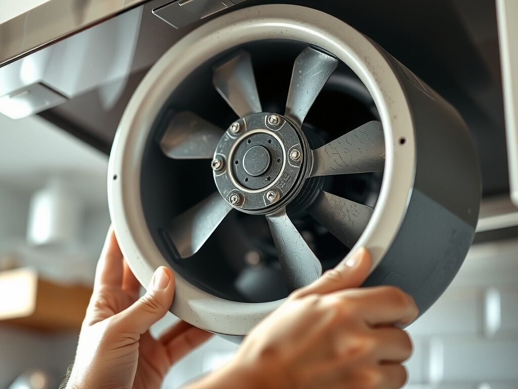 Detalhe do motor e pás da coifa, mostrando acúmulo de poeira