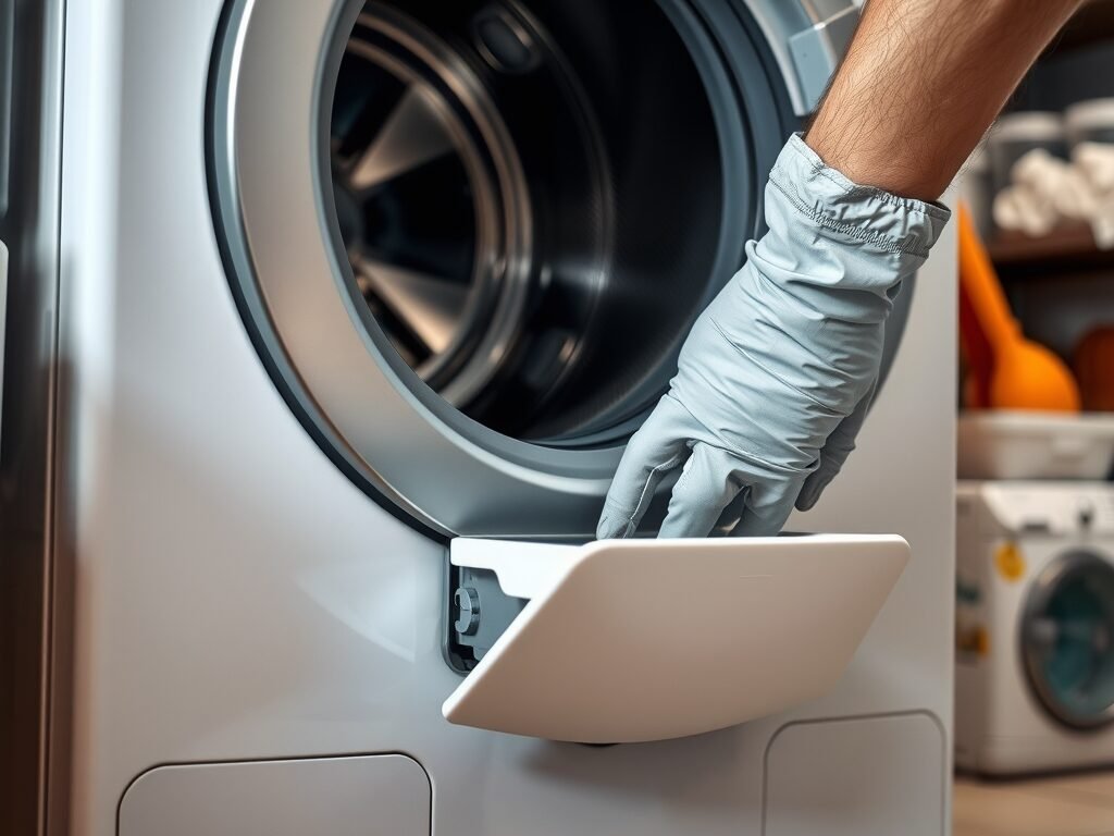 Mão abrindo o filtro de drenagem da máquina de lavar