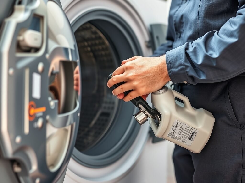 Técnico pronto para consertar a máquina de lavar