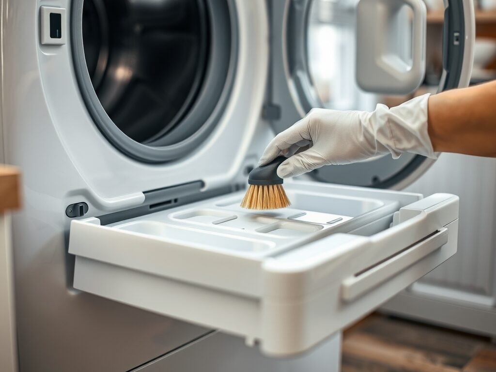 Mão limpando a gaveta de detergente da máquina de lavar