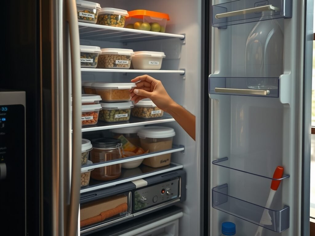 Mão organizando alimentos dentro de geladeira aberta em cozinha brasileira