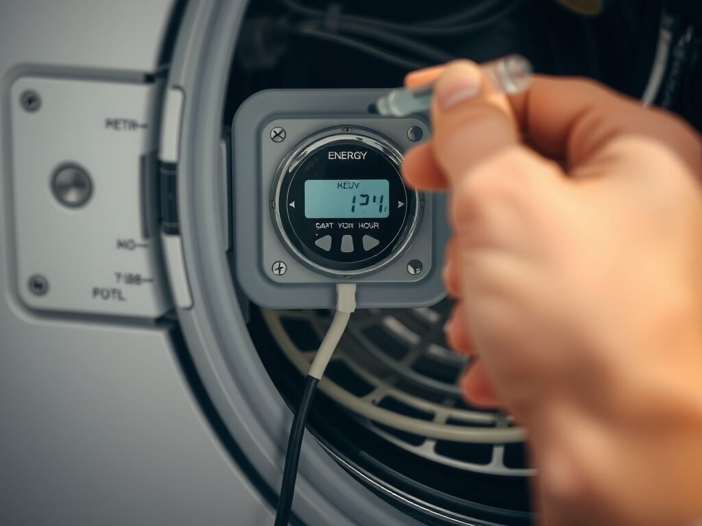 Medidor de energia mostrando consumo da máquina de lavar