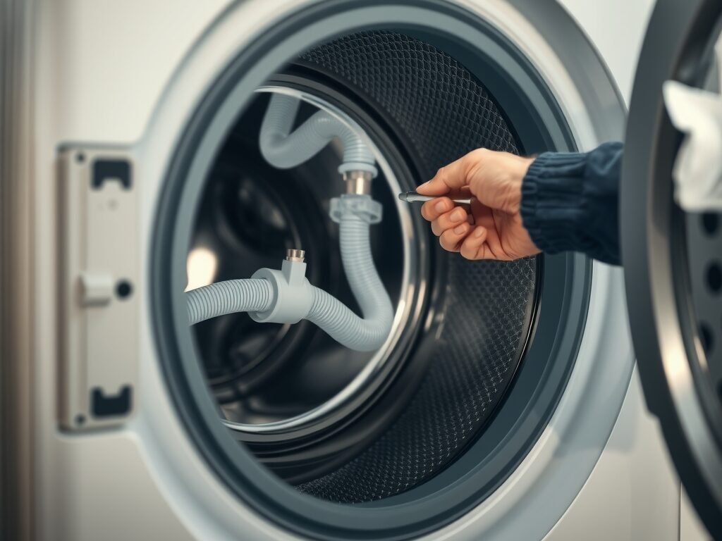 Mão ajustando mangueira de entrada de água de máquina de lavar