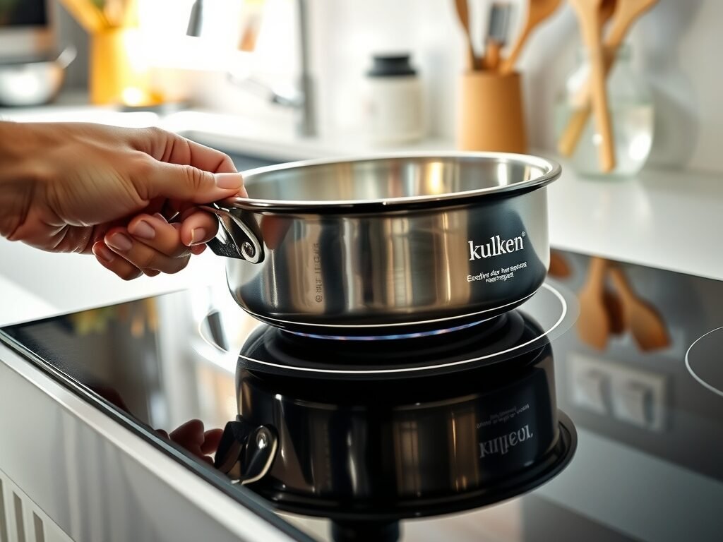 Mão segurando panela de indução sobre cooktop