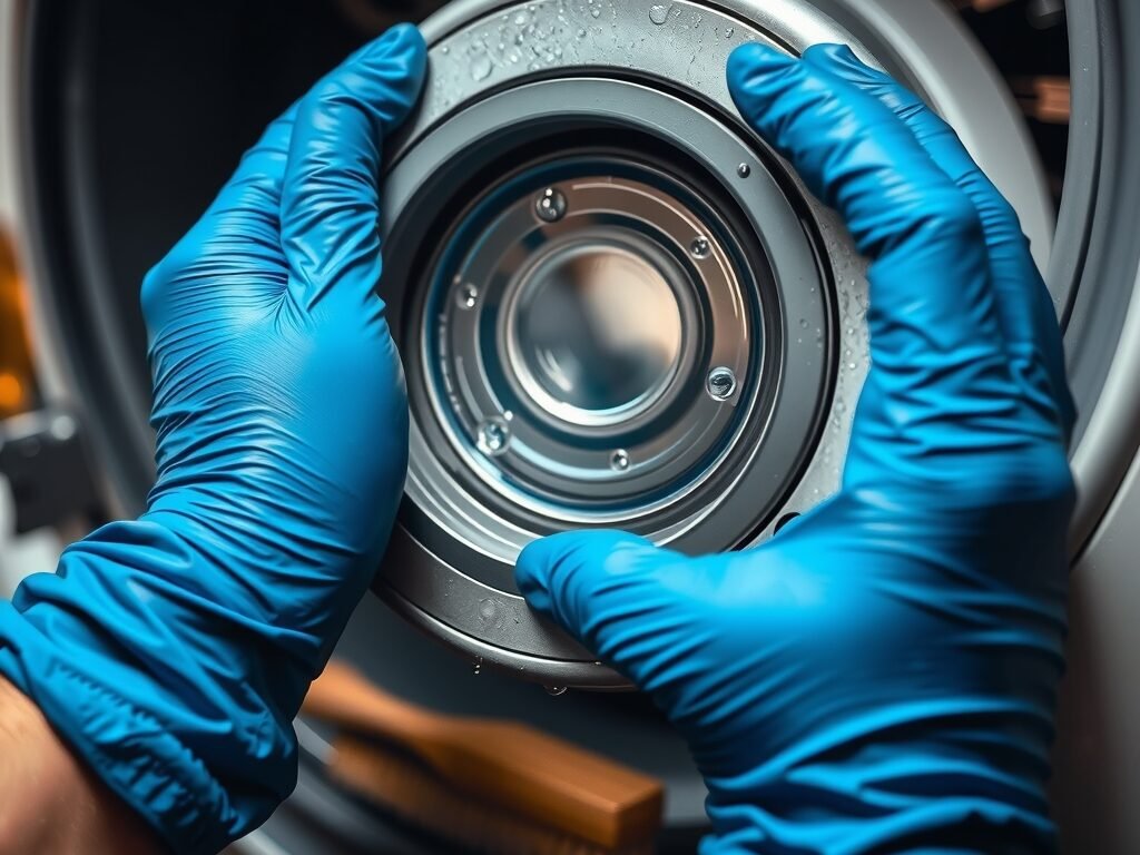 Mãos removendo e limpando o filtro da máquina