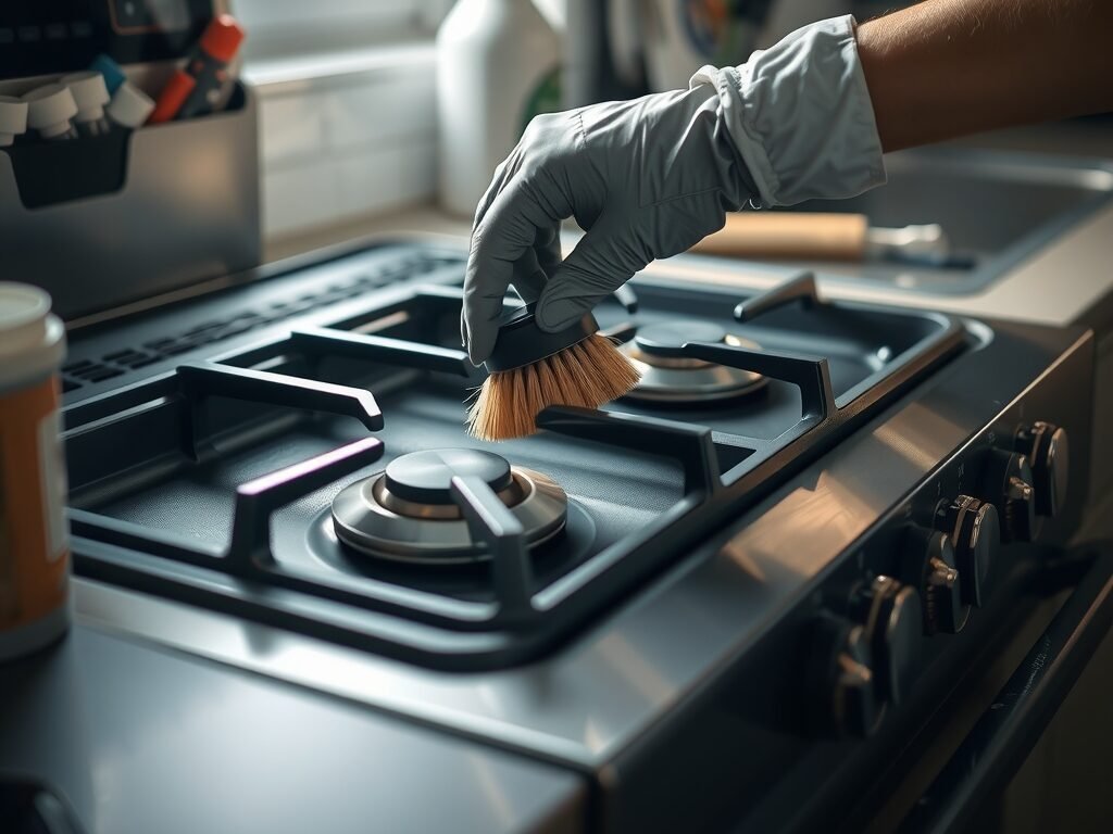 Mão com luvas limpando o queimador interno de um forno a gás