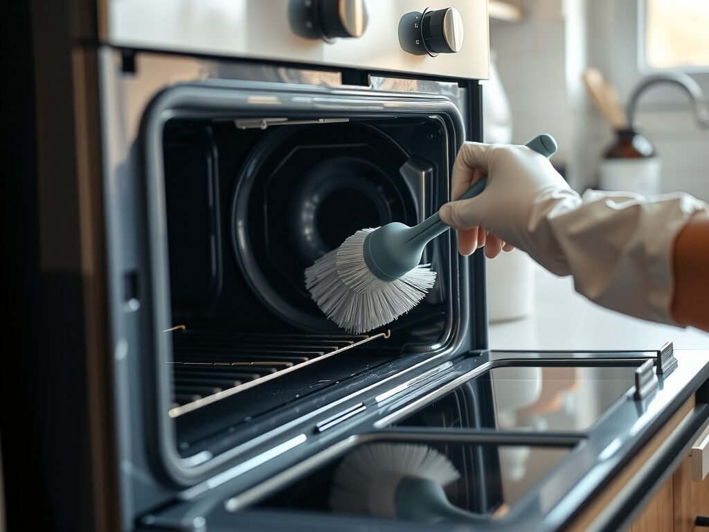 Mão com luva limpando o interior de um forno elétrico aberto