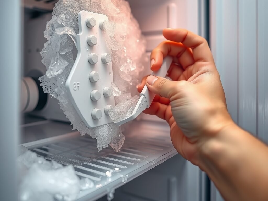 Mão removendo gelo acumulado dentro de um freezer