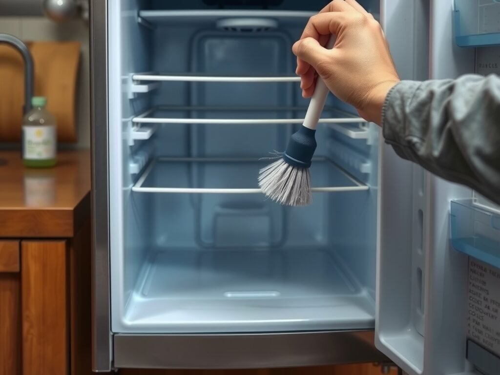 Mão limpa as saídas de ar de um frigobar aberto