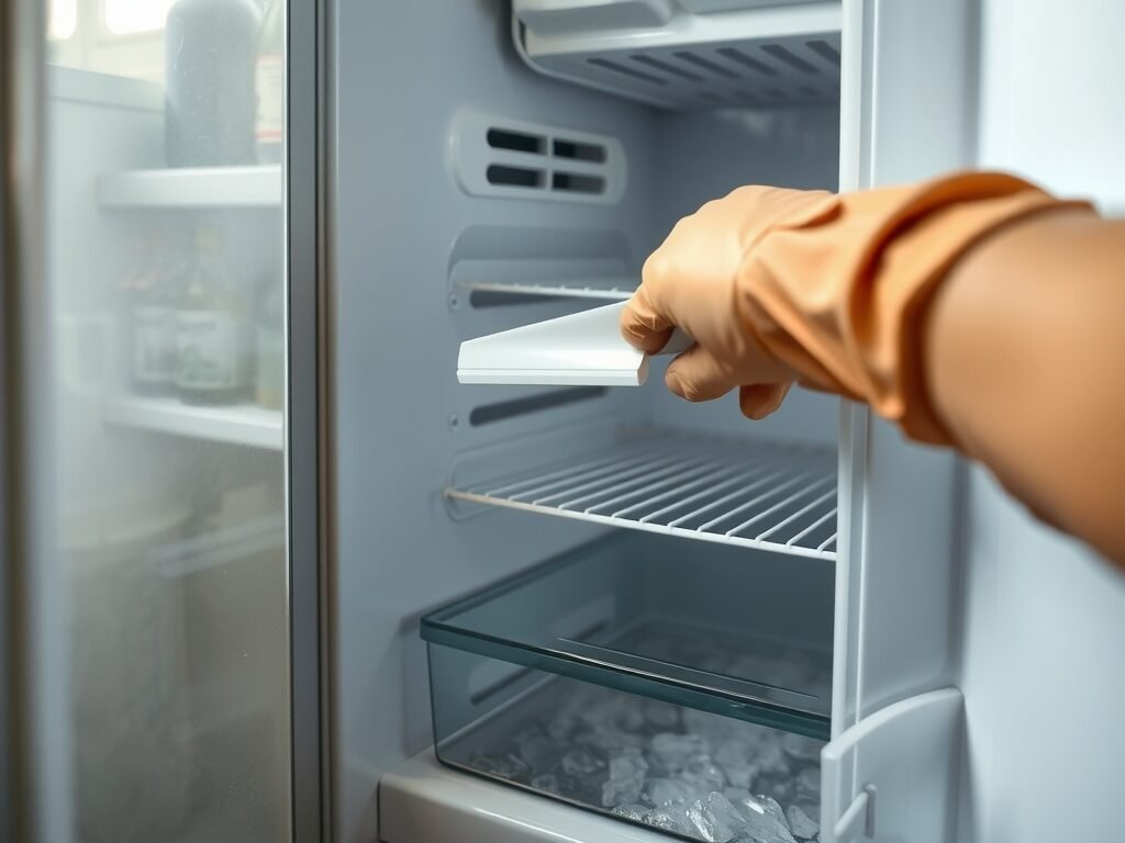 Mão com luva removendo gelo do fundo da geladeira frost free