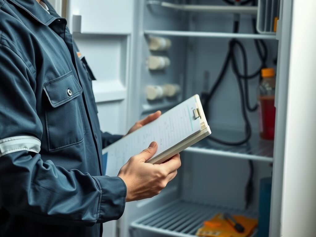 Técnico avaliando a geladeira antes de abrir o painel