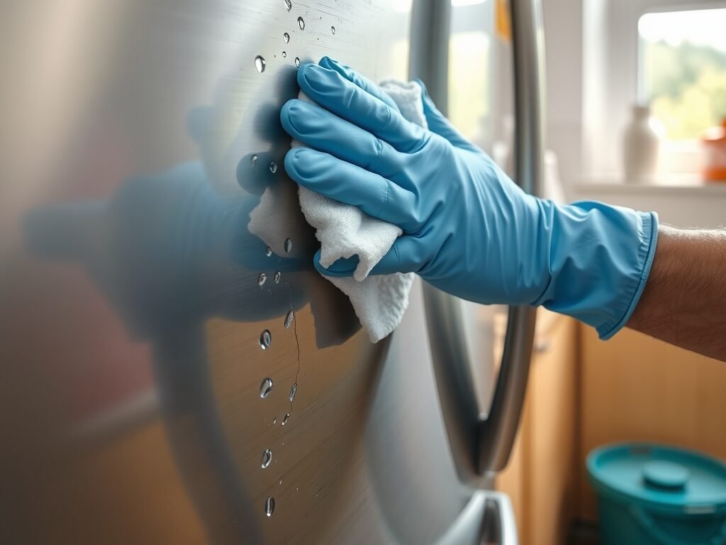 Mão limpando o suor externo da geladeira em cozinha iluminada