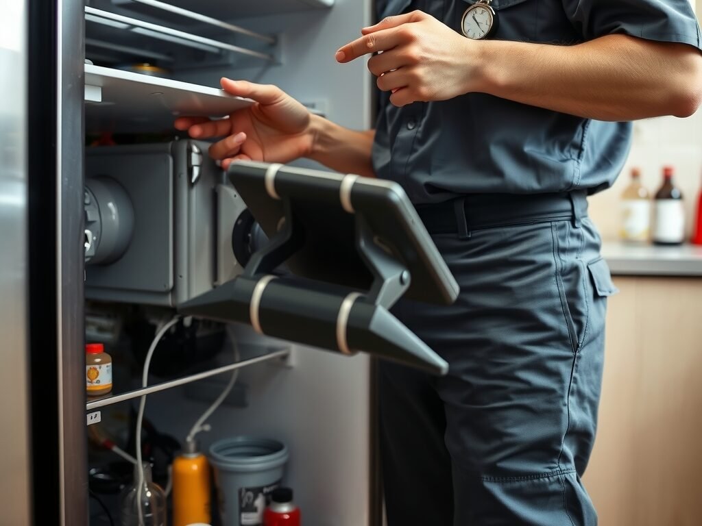 Técnico avaliando geladeira com tablet