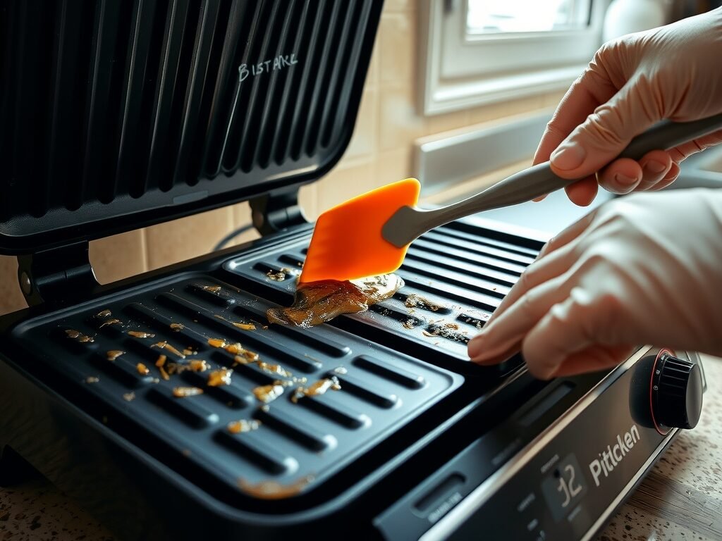 Mão com luva limpando as placas de um grill elétrico