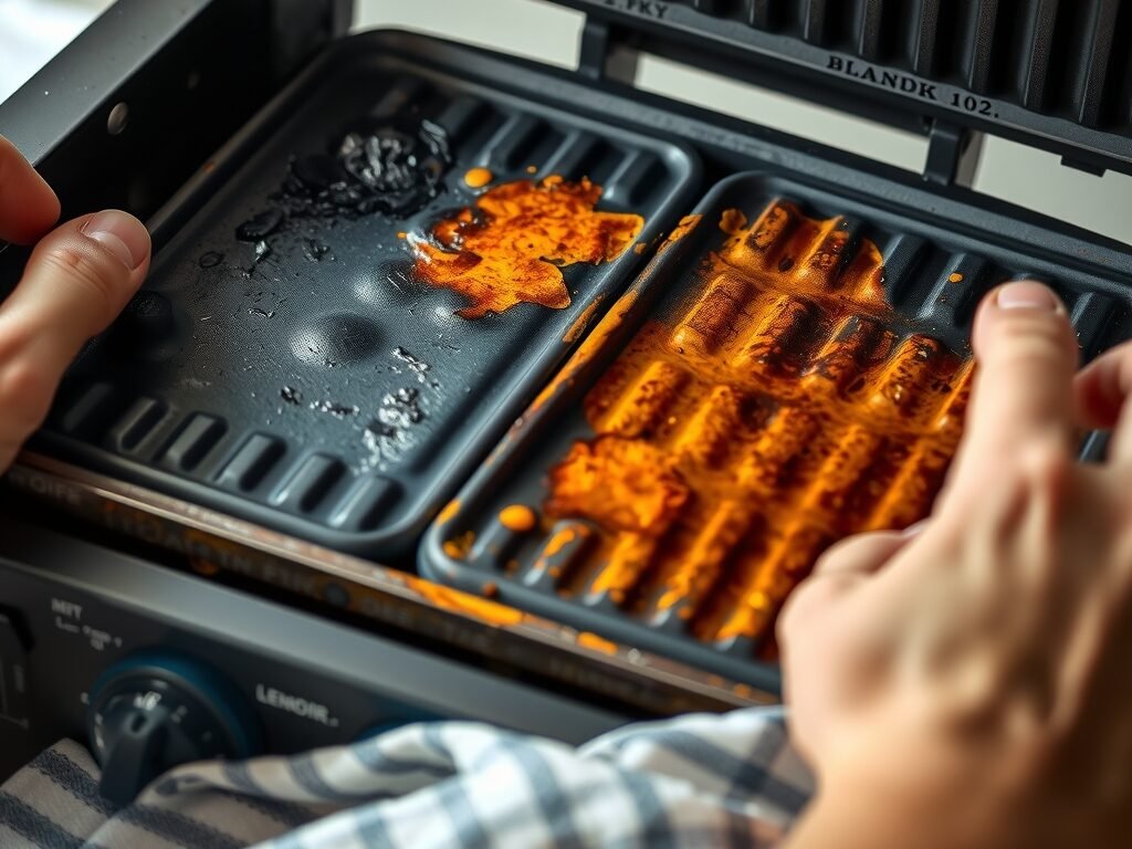 Placas do grill com áreas queimadas e áreas limpas