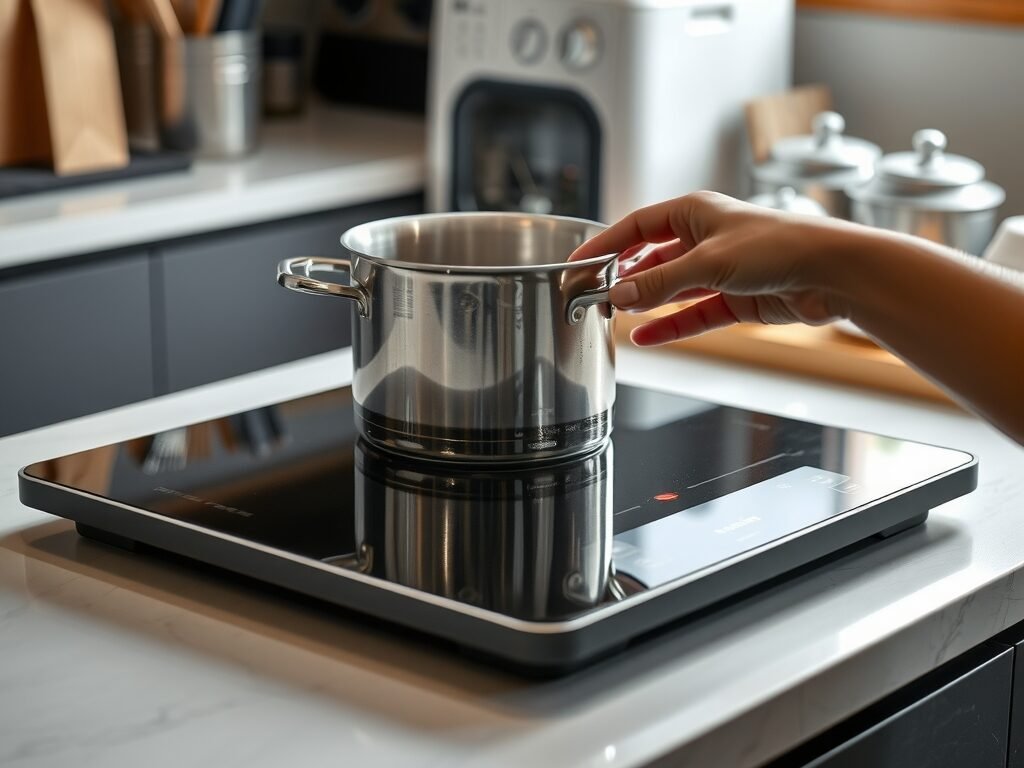 Cooktop de indução com panela de ferro sendo ajustada