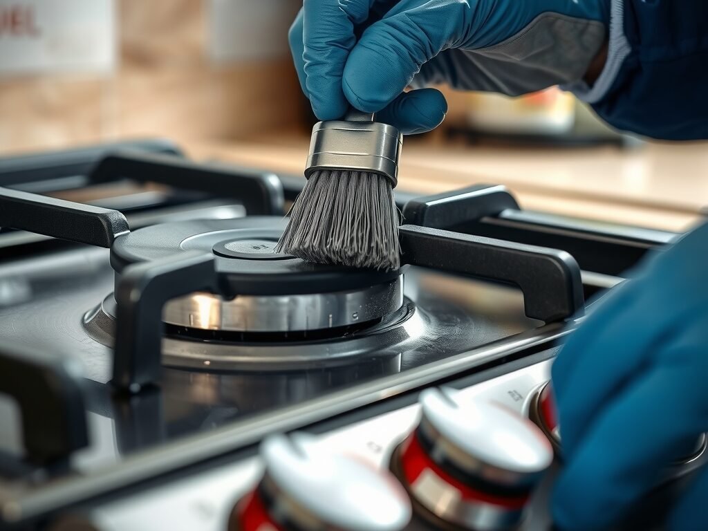 Técnico limpando queimador de fogão a gás