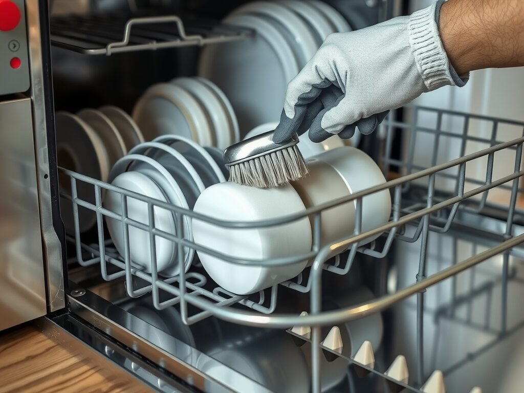 Mão limpando filtro da lava-louças aberta em bancada de cozinha