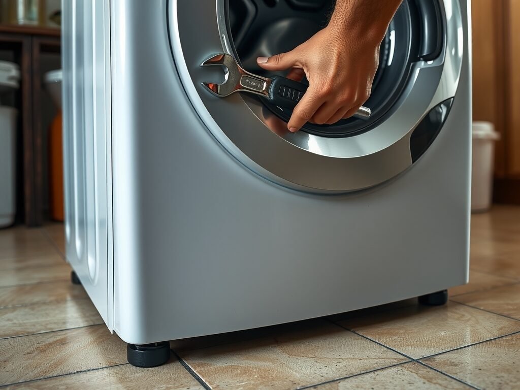 Mão ajustando o pé nivelador de máquina de lavar em piso doméstico