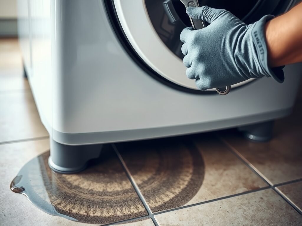 Mão ajustando mangueira de drenagem de máquina de lavar com água no chão