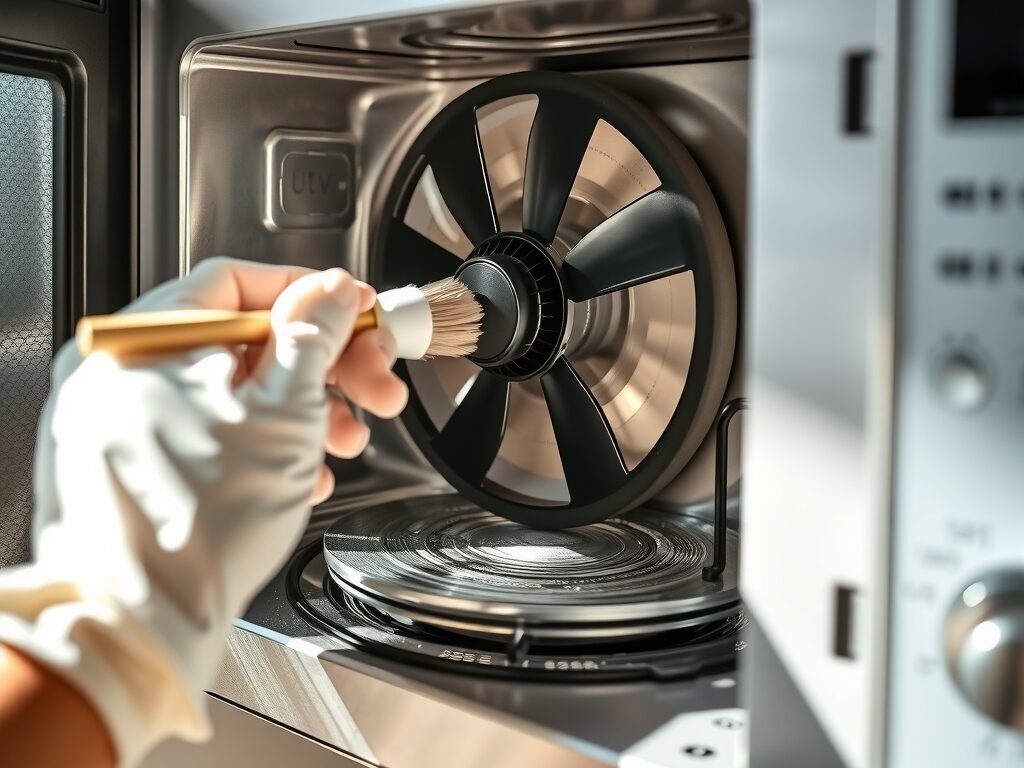 Mão limpa o ventilador interno de um micro-ondas com escova
