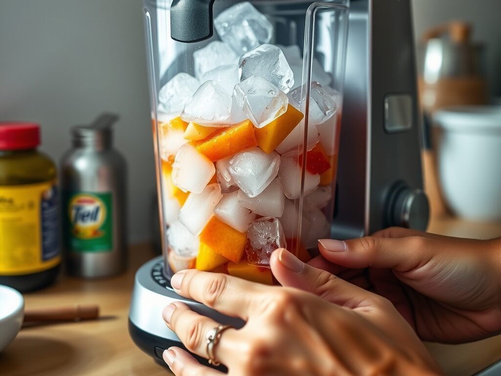 Liquidificador processando frutas com gelo