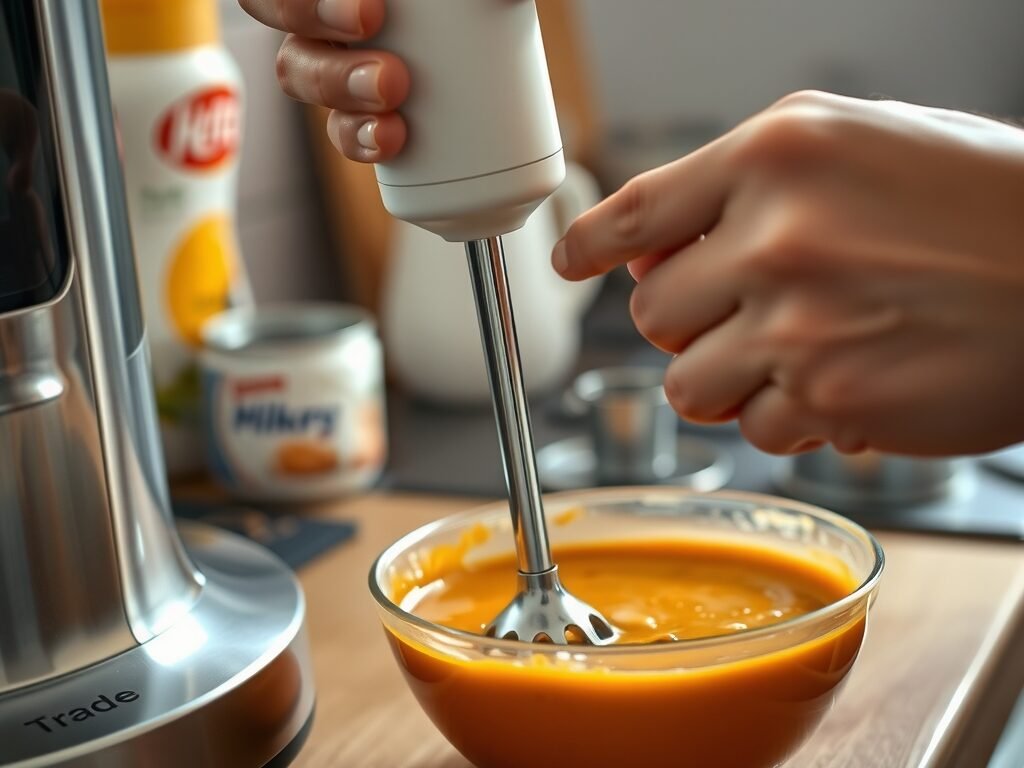 Mão usando mixer de imersão em preparação de sopa