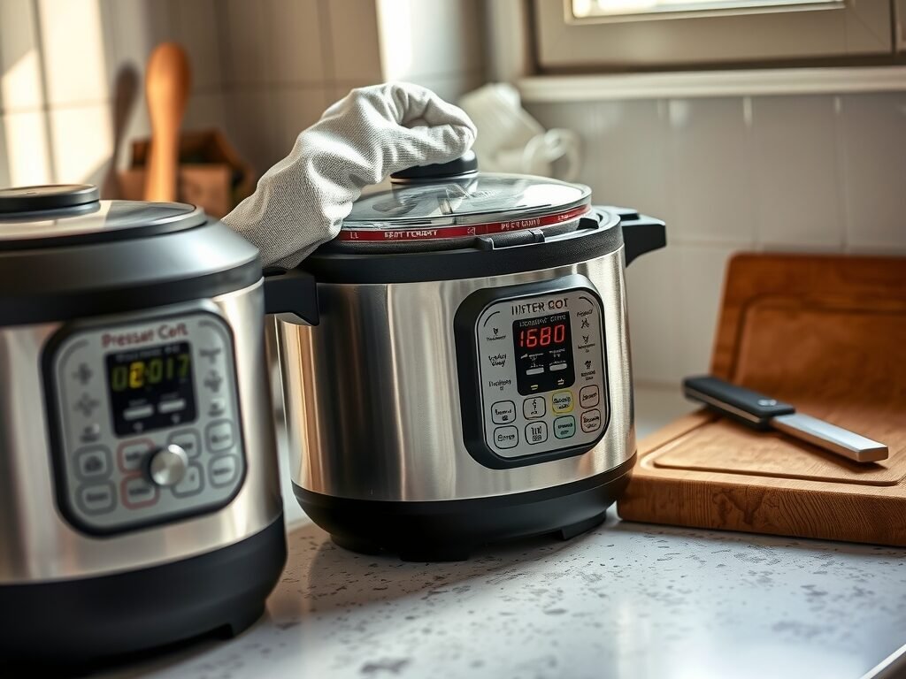 Mão ajustando a tampa da panela de pressão elétrica em bancada de cozinha