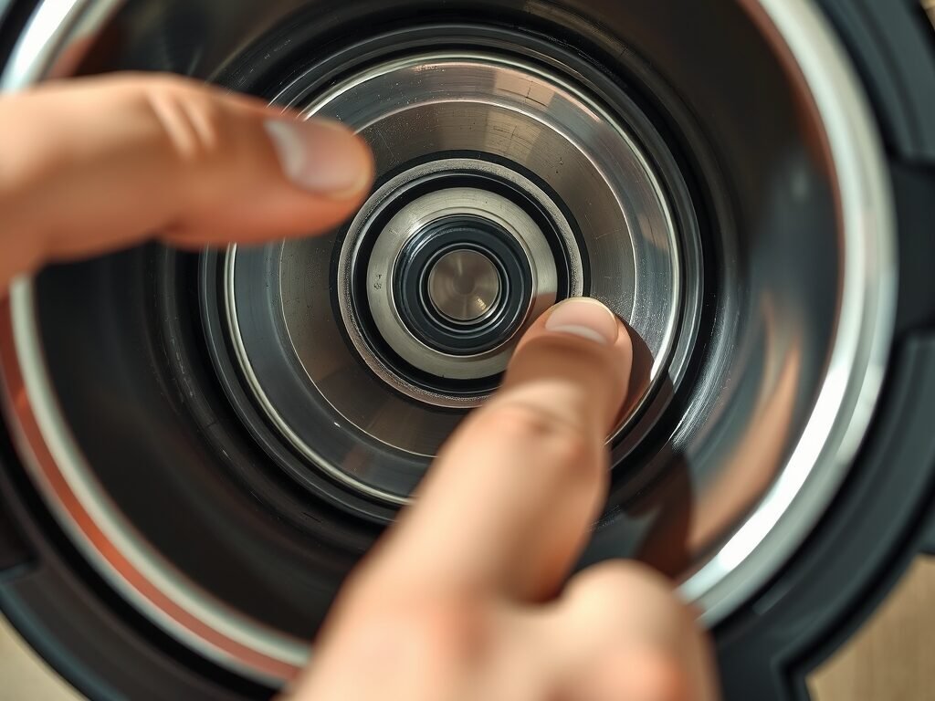 Detalhe interno da panela de pressão elétrica com gaxeta e sensor