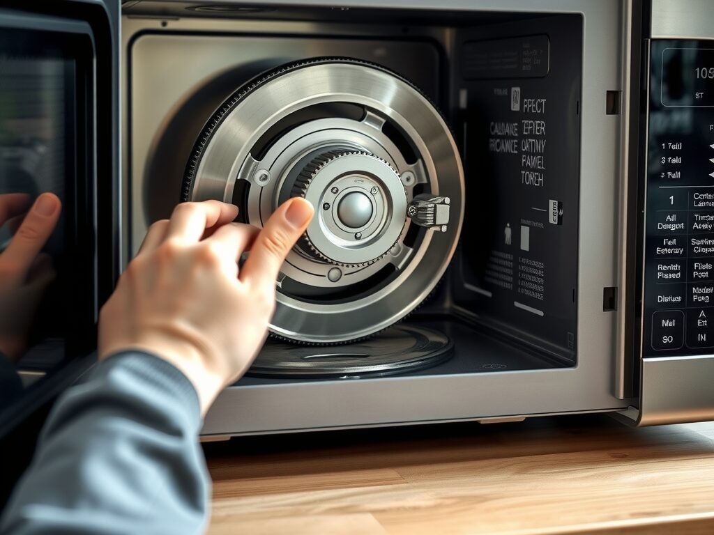 Mão de técnico examinando o mecanismo do prato giratório de um micro-ondas aberto
