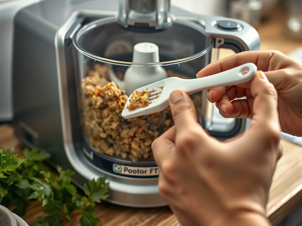 Processador de alimentos aberto com mão removendo resíduos das lâminas