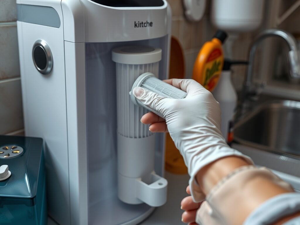 Mão trocando o refil de purificador de água na cozinha