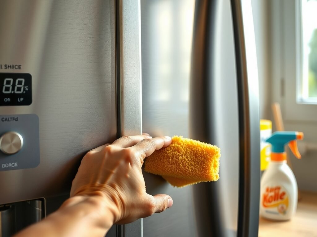 Geladeira aberta sendo limpa com esponja em cozinha brasileira