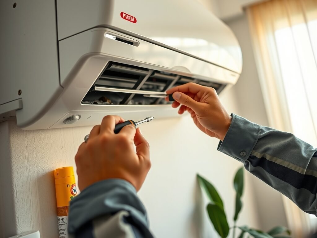 Técnico ajustando a unidade split de ar-condicionado em ambiente residencial