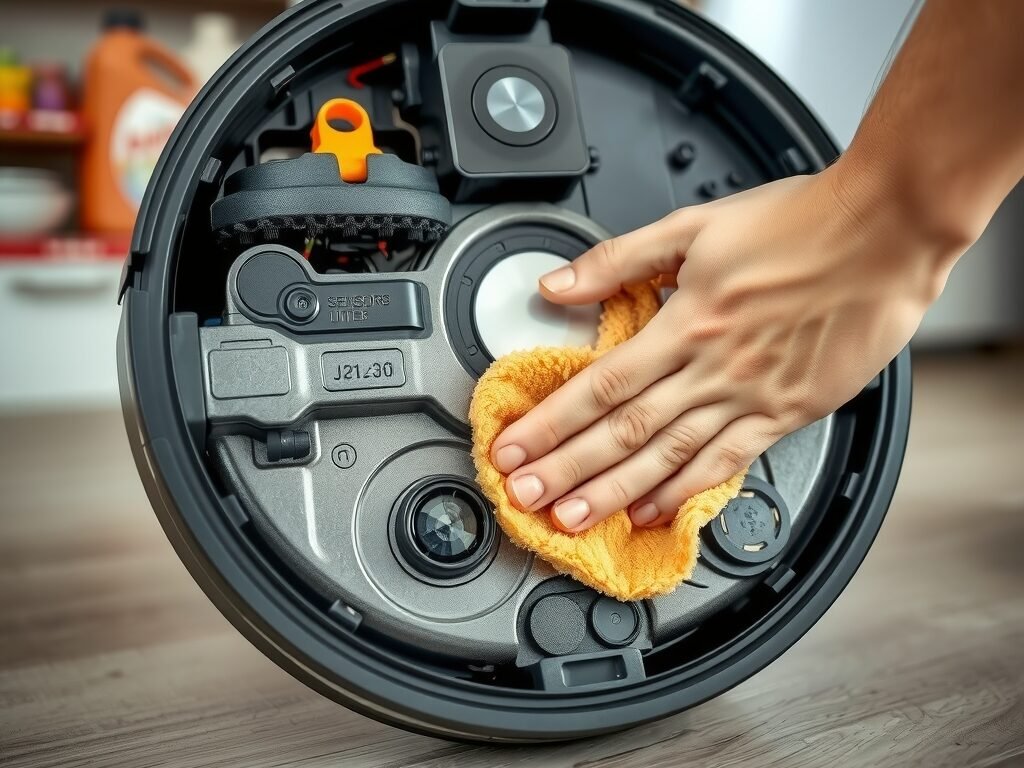 Mão limpando sensores e rodas de robô aspirador