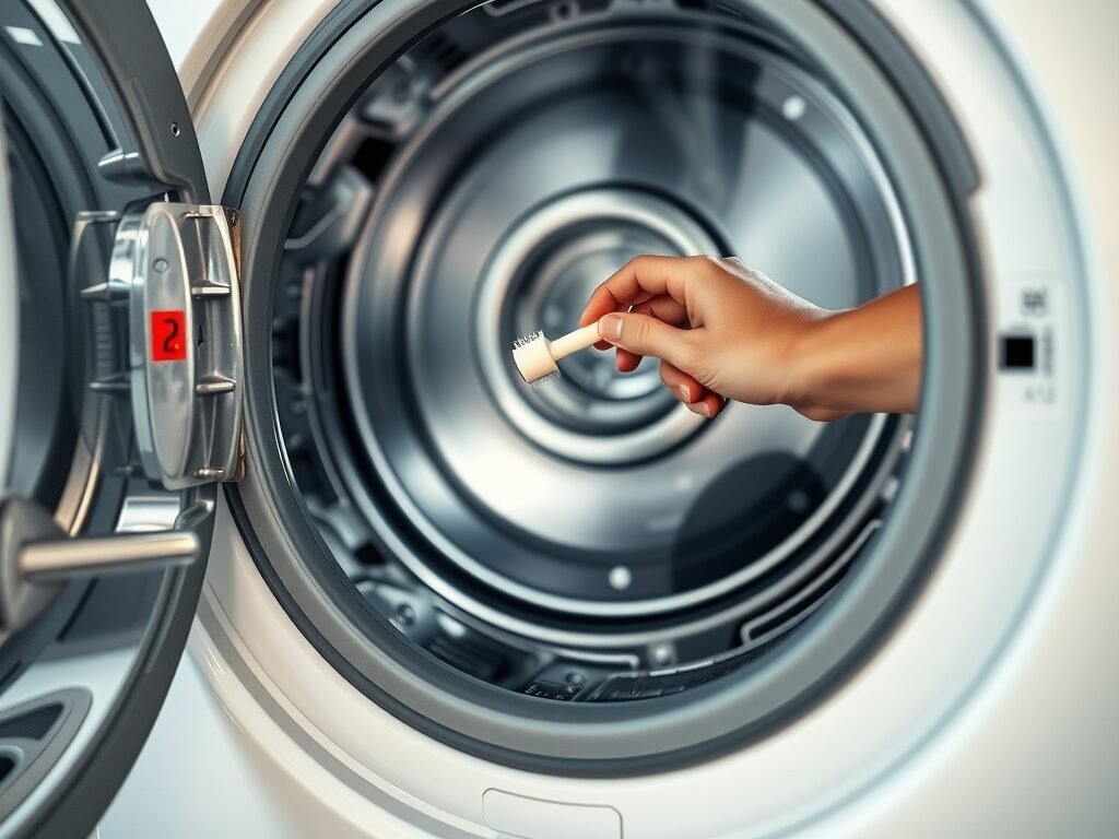 Mão limpando o interior do tambor de uma máquina de lavar