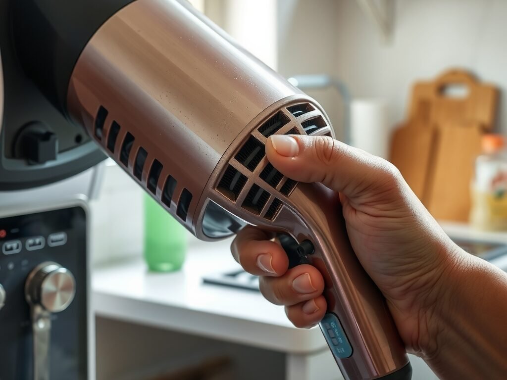 Mão segurando secador de cabelo com foco na grelha suja
