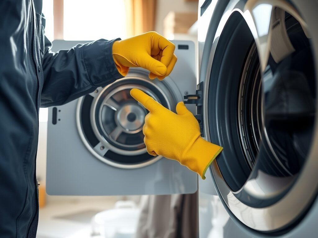 Técnico avaliando motor de máquina de lavar