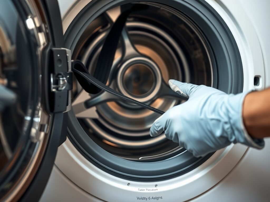 Técnico inspecionando a correia do tambor de uma máquina de lavar