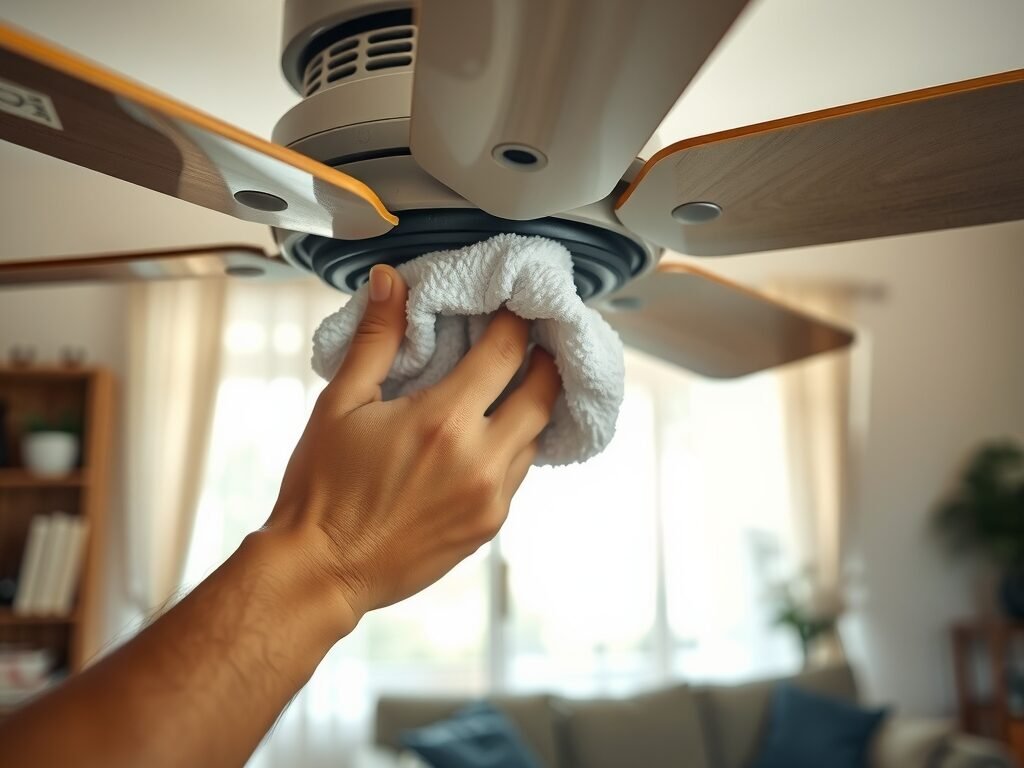 Mão limpando as pás de um ventilador de teto em ambiente residencial