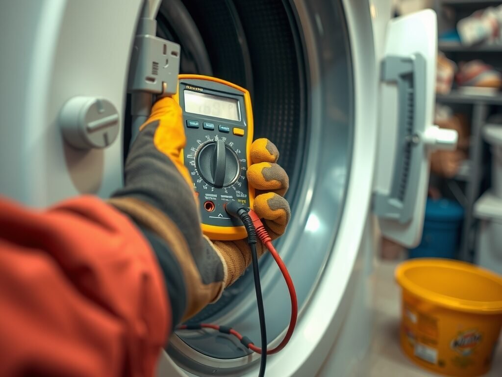 Mão de eletricista testando a tomada da máquina de lavar
