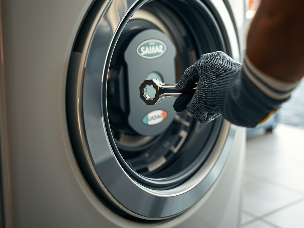 Técnico ajustando parafuso da máquina de lavar em ambiente doméstico